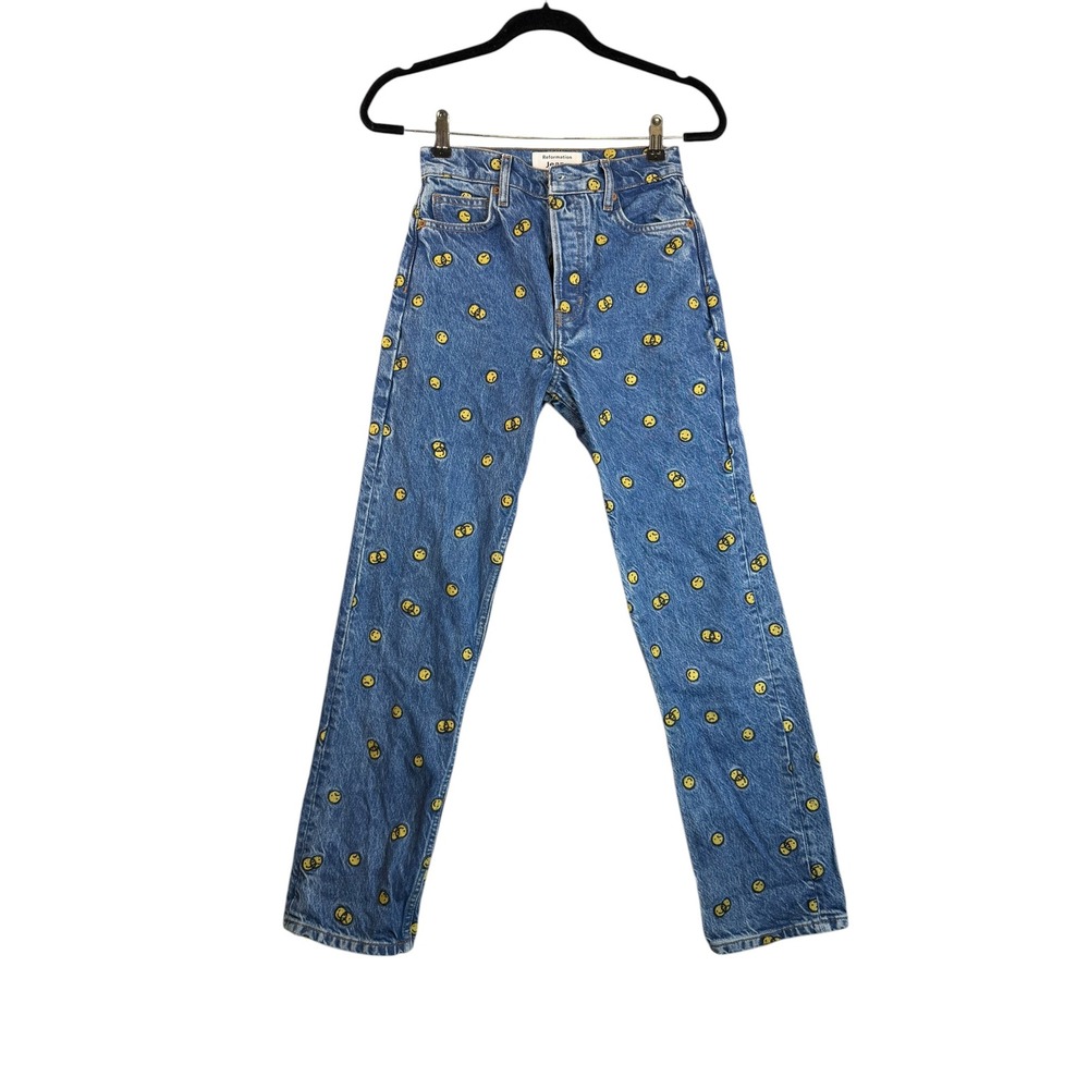 Reformation Jeans 23 Blue Smiley Face Embroidered High Rise Straight Leg Denim